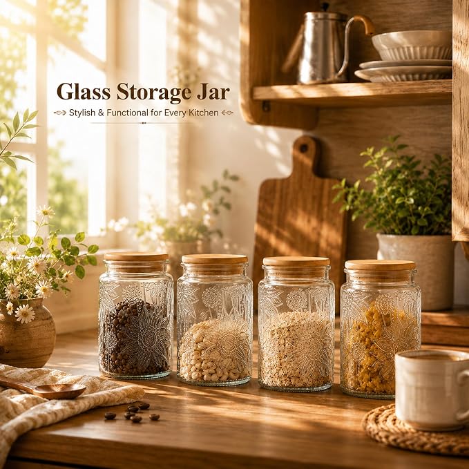 Vintage Glass Jar with Bamboo Lid, 23.7 FL oz - Airtight Decorative Food Storage Canisters for Kitchen Counter, Ideal for Candy, Sugar, Coffee, Cookies (Sunflower*2)