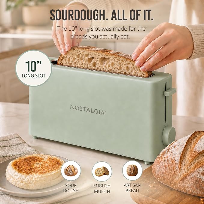 Nostalgia Slim 2-Slice Toaster – Wide Slot – Space-Saving Design – Adjustable Browning Dial – 10-inch Long Slot Fits 2 Slices of Bread or Bagel Halves – Drop-down Crumb Tray – Sage