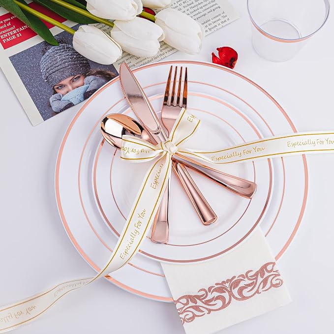 300PCS Rose Gold Plastic Silverware, Disposable Cutlery & Utensils | Heavy Duty Flatware, 100 Forks, 100 Spoons, 100 Knives, for Party, Wedding & Everyday Use