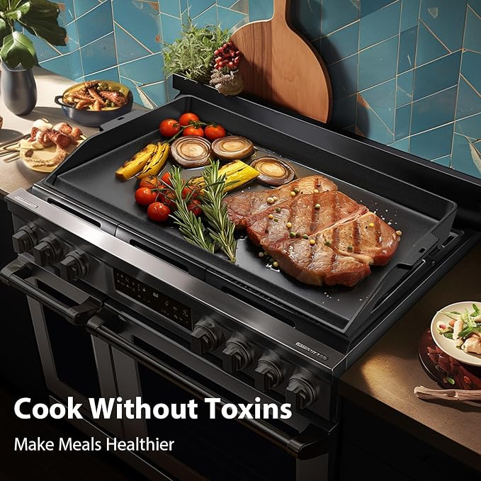 Utheer 25" x 16" Cast Iron Griddle for Gas Grill, Stove Top, Flat Top Pan | Large Universal flat top with high sidewalls and X-ridge for family BBQ, outdoor parties, camping and tailgating meals