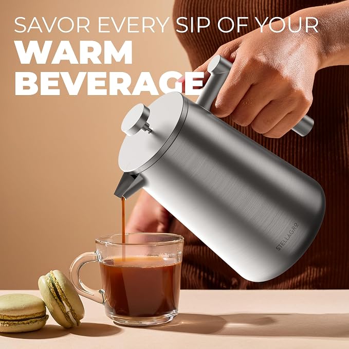 French Press Coffee Maker, Stainless Steel French Press 34 Oz / 1L, Double Wall Insulated Coffee Press with 3 Extra Mesh Filters, Metal Coffee Maker for Coffee & Tea, Satin Finish, Silver