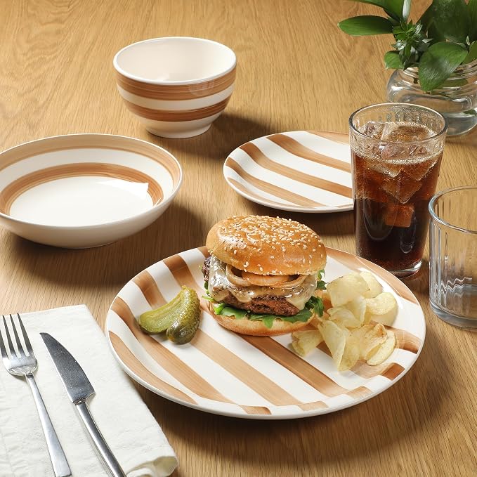 Gibson Home Kenwood Shores 16 Piece Dinnerware Set, Brown Striped, Stoneware, Hand-Painted Plates and Bowls, Service for 4, Microwave & Dishwasher Safe