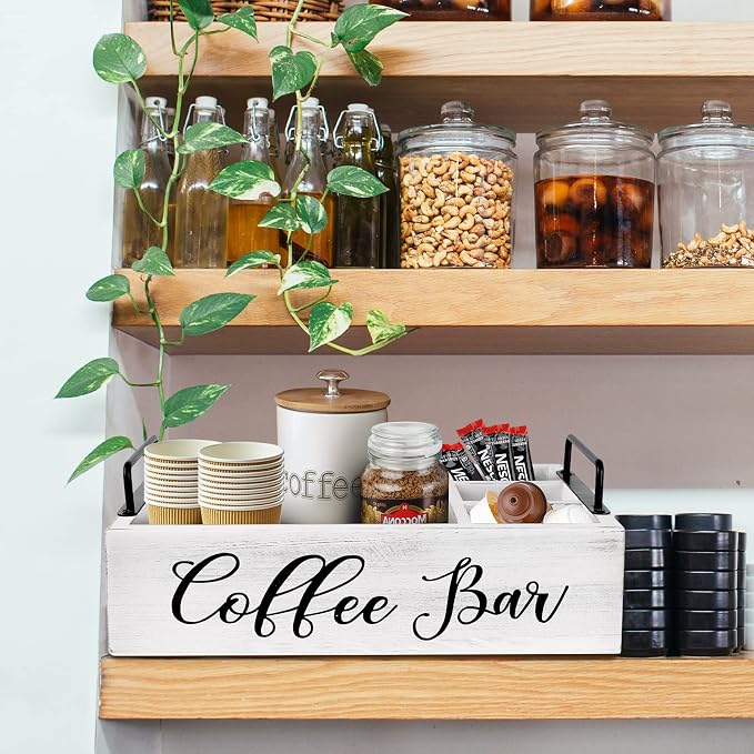 MINCORD Coffee Station Organizer Wooden Coffee Bar Organizer | Farmhouse Kcup Coffee Bar Accessories Pod Storage Holder Basket with Handle for Countertop - White