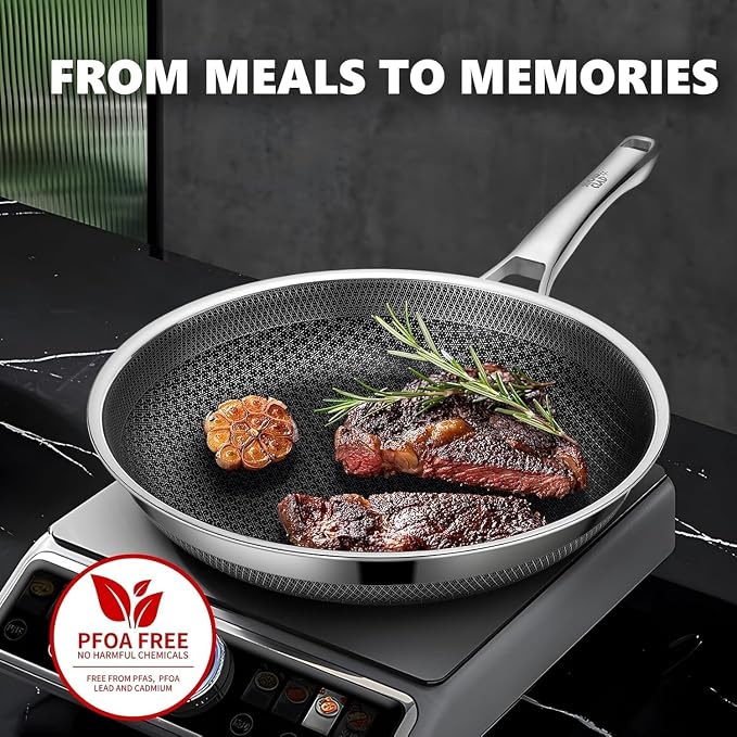 OATOFP Non Stick Stainless Steel Skillets 12 inch, Hybrid Frying Pan with Lid, PFOA Free Cookware, Dishwasher and Oven-Safe Chef Pan