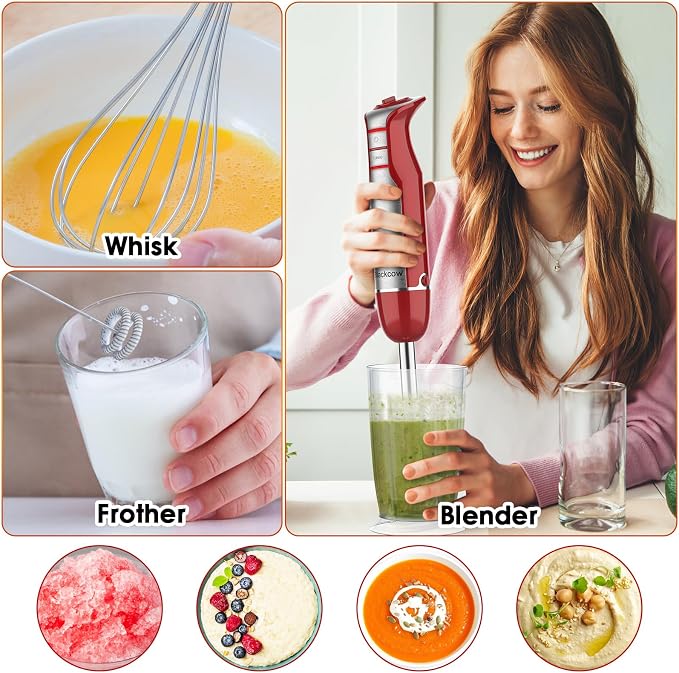 Blackcow Immersion Blender Handheld, Corded Hand Blenders Set 800W, 6 Speed Stick Blender 5 in 1 Stick Emulsifier with Chopper, Whisk and Frother for Soup, Baby Food and Smoothies, Red
