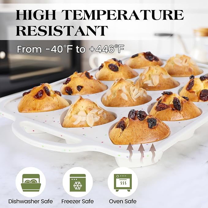 Heart Shaped Muffin Pan, 12 Cup, 2.5 Inch, Cream | 2 Pcs, Metal Reinforced Frame, Nonstick Silicone, Heart Cake Mold for Baking, Cupcake Tray