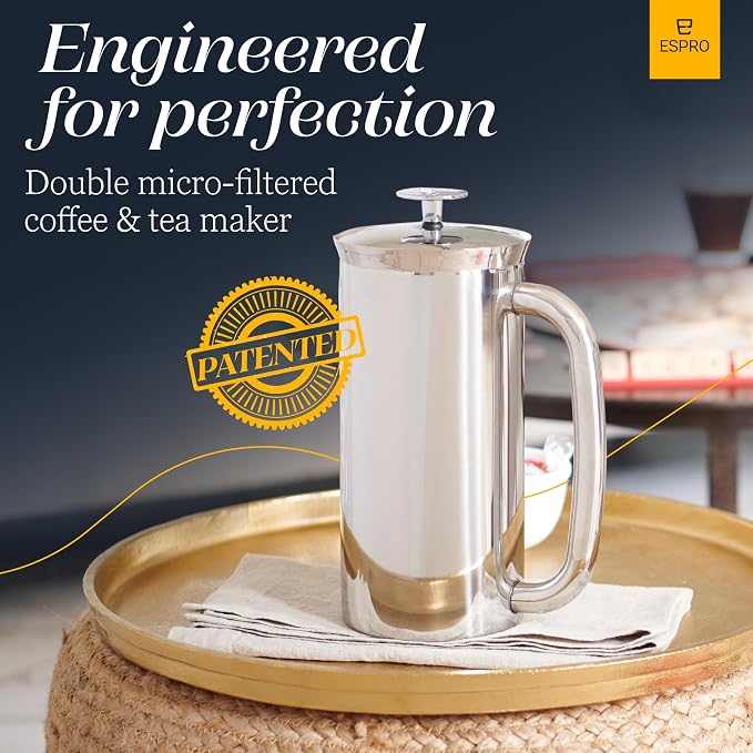 ESPRO P7 French Press, 32oz, Polished, Stainless Steel Coffee Maker | Double Filter Coffee Press, Grit-Free Coffee, Heat Resistant Insulated tea Press, Easy Hot and Cold Coffee Brewer, Tea Brewer
