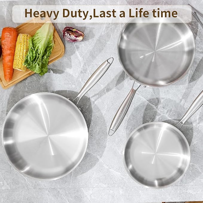 DELARLO Tri-Ply Stainless Steel Pan,18/10, 12.5" | Nontoxic Durable Oven Safe 800℉ All Cooktops Compatible Fast Even Heat PFOA Free Large Frying Pan Nontoxic Cookware