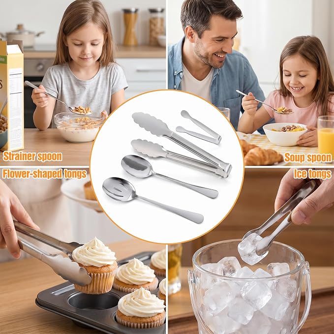 18pcs Silver Serving Utensils Set,Serving Spoons for Buffet, Serving Tongs for Food, Large Slotted Spoons, Metal Buffet Banquet Cutlery for Parties Weeding Birthday Entertaining Catering