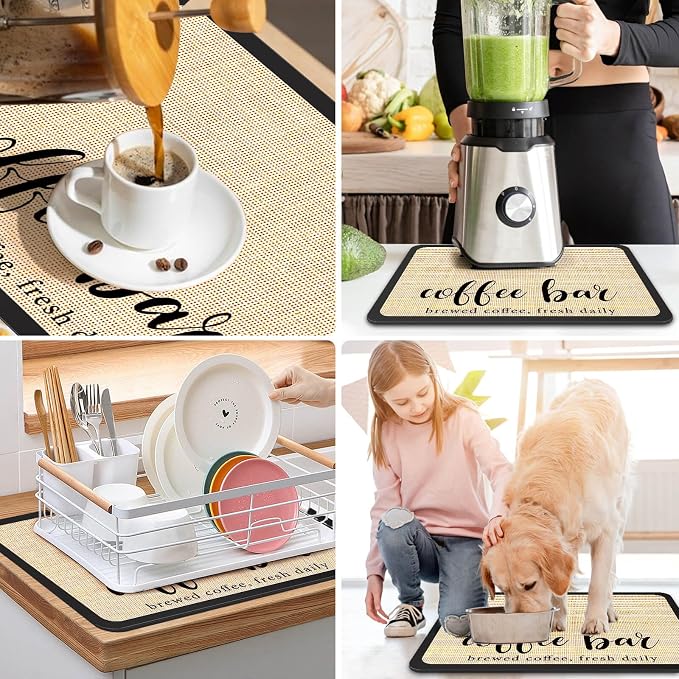 DK177 Coffee Mat - Dish Drying Mat for Kitchen Counter, Hide Stain, Absorbent with Waterproof Rubber Backing, Fit Kitchen Dish Rack Bar Accessories (Coffee Bar, 24" x 16")