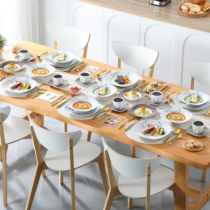 VEWEET 30 PCS Ceramic Dinnerware Sets for 6, White and Brown Dishes Set | Porcelain Dinner Set Including Dessert Plates, Soup Plates, Dinner Plates, Cups & Saucers, Microwave & Dishwasher Safe