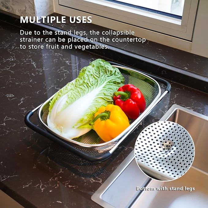 GREATLINK Over Sink Expandable Colander - Fine Mesh Strainer Basket with Extendable Handles for Kitchen, 6QT Vegetable Fruit Pasta Strainer for Washing Rice, Kitchen Colander