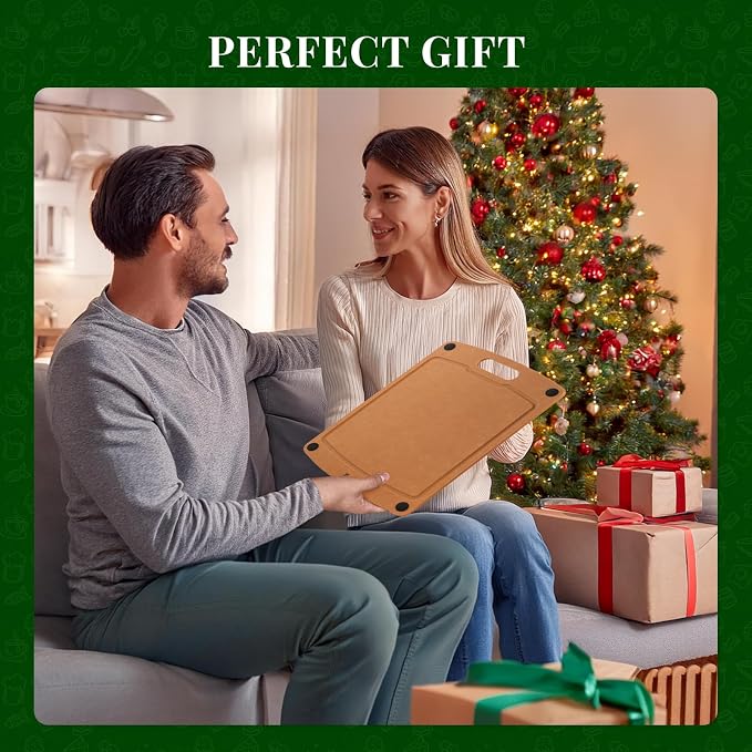 Kikcoin Wood Cutting Board, Cutting Boards for Kitchen Dishwasher Safe Non-slip Chopping Board with Juice Groove, Wood Fiber Composite Cutting Board with Handle, 14.6"*10.8"