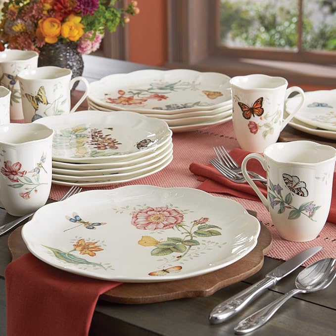 Lenox Butterfly Meadow Porcelain 18-Piece Dinnerware Set for 6 | ceramic, dishwasher safe, microwave safe | plates and bowls sets for kitchen and dining | 10.75 inch plate