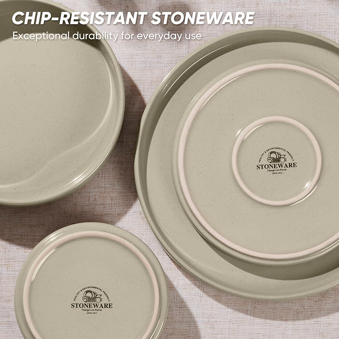 E-far 16-Piece Stoneware Dinnerware Sets with Pasta Bowls, Speckled Khaki | Plates and Bowls Sets for 4, Chip and Scratch Resistant, Microwave & Dishwasher Safe Kitchen Modern Dish Set