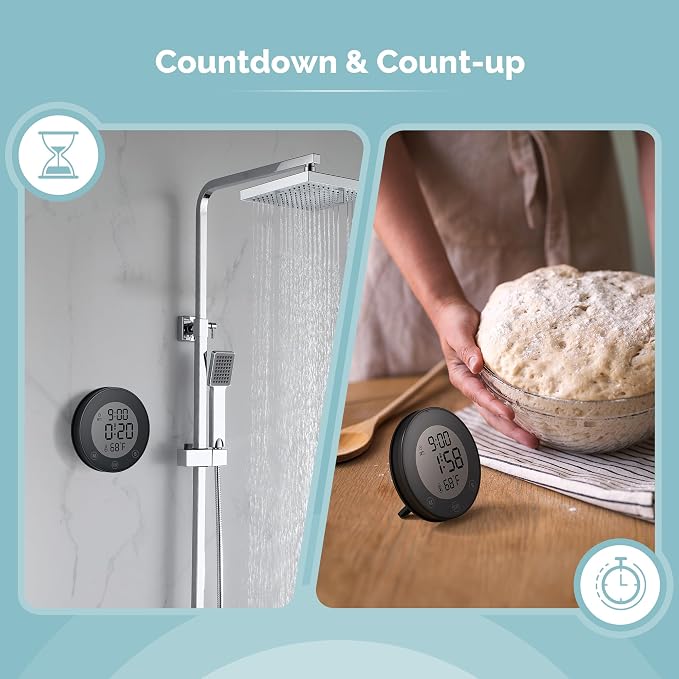 KADAMS Shower Clock Waterproof Bathroom Timer – Digital Wall Clock with Countdown, Magnetic Kitchen Clock with Temperature & Humidity, Suction Cup for Kids Shower Spa Cook Bath (Matte Black)