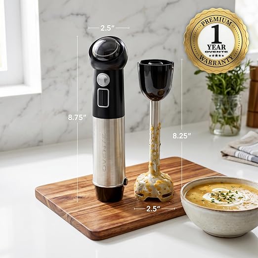 OVENTE Cordless Immersion Hand Blender, 300W Rechargeable Black HR995B | Handheld Portable Mixer with Speed Pulse Activating Sensor and Stainless Steel Blades for Smoothies, Shakes, or Baby Food