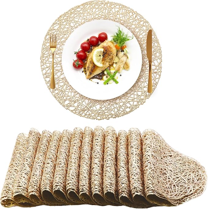 Sieral 48 Packs Gold Round Placemats 15 Inch Hollow Out Pressed Vinyl Place Mats Heat Resistant Woven Gold Placemats for Christmas Dinner Table Winter Holiday Party Wedding Centerpiece Decoration