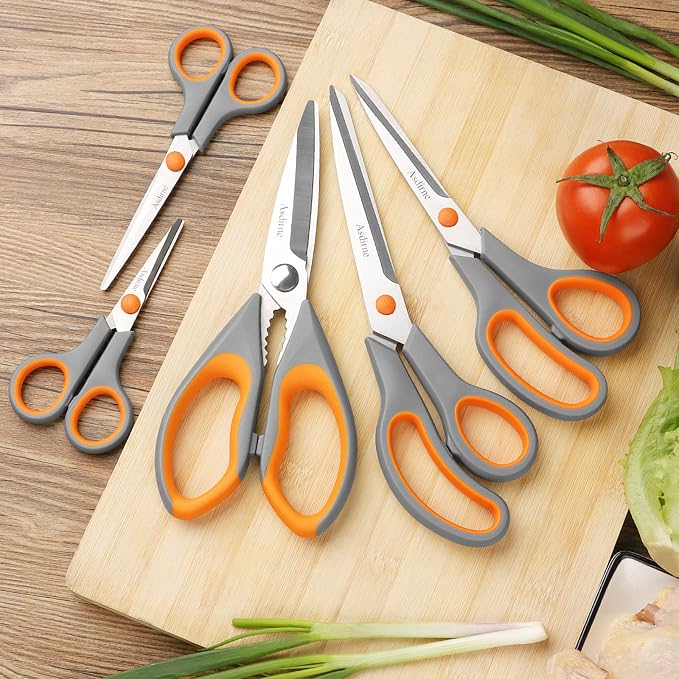 Asdirne Kitchen Scissors Set, Knife-Grade Stainless Steel, TPR Comfortable Handle All Purpose Scissors, Include One Poultry Shears and Four Different Sizes of Cooking Scissors, Perfect Kitchen Partner