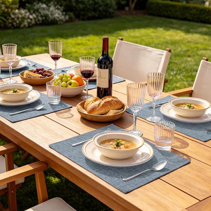 Faux Cotton Linen Placemats Set of 6, Cloth Washable Farmhouse Dining Table Mats for Indoors & Outdoors, Easy to Clean, Denim Blue, 13 x 19 Inch