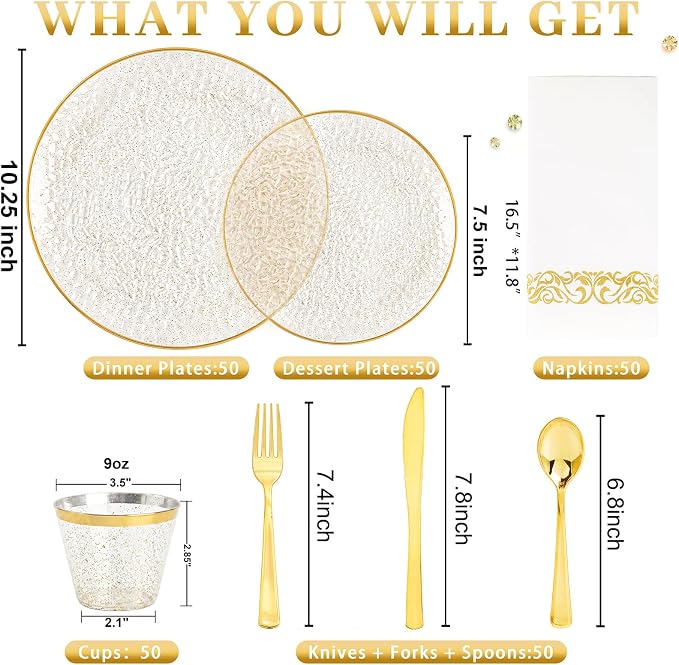 DaYammi 350PCS Clear Gold Glitter Plastic Dinnerware Set for 50 Guests, Hammered Disposable Plates for Party, Include: 50 Dinner Plates, 50 Dessert Plates, 150 Gold Silverware, 50 Napkins, 50 Cups