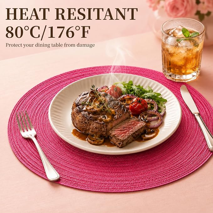 TaroKitc 15 in Round Placemats Set of 8, Washable Woven Placemats Heat Resistant Cotton Polyester Braided Table Mat, Non-Slip Circle Place Mats for Kitchen Dining Table Decor - Pink