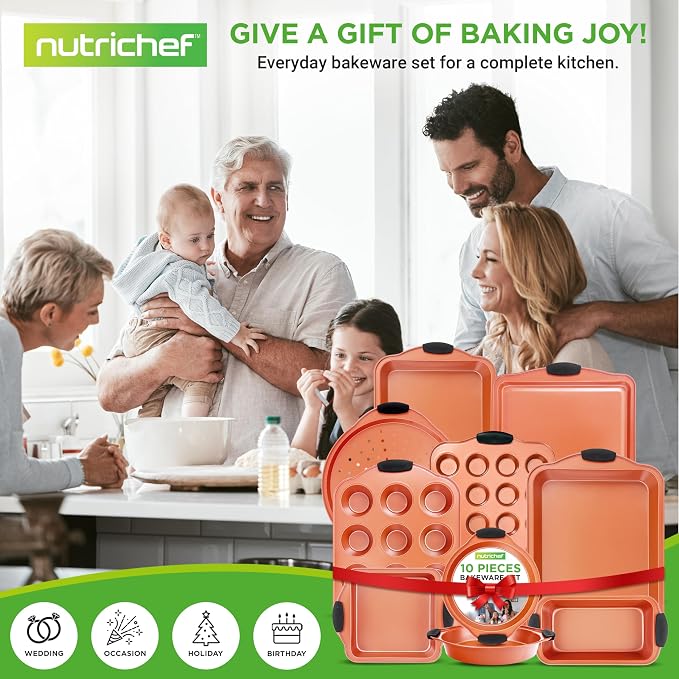 NutriChef 10 Pc Baking Pans Set Nonstick, Cookie Sheet and Pizza Pans | 10 piece set, carbon steel, includes cookie sheets, nonstick, stackable, silicone handles, warp resistant, roasting