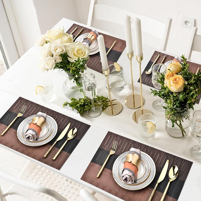 SLKQG Brown Placemats Set of 6 - Easy Clean Modern Durable Washable Vinyl Place Mats - Heat Resistant Placemats for Kitchen Table - PVC Table Mats for Dining Table (Brown Black, 6)