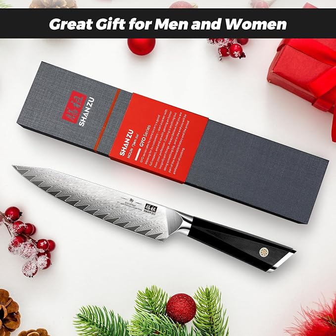 SHAN ZU Damascus Chef Knife 6 inch,67-Layer 10Cr15MoV Japanese Steel | High Carbon Super Sharp Japanese Chef Knife, All Purpose Professional Kitchen Utility Petty Knives with G10 Handle
