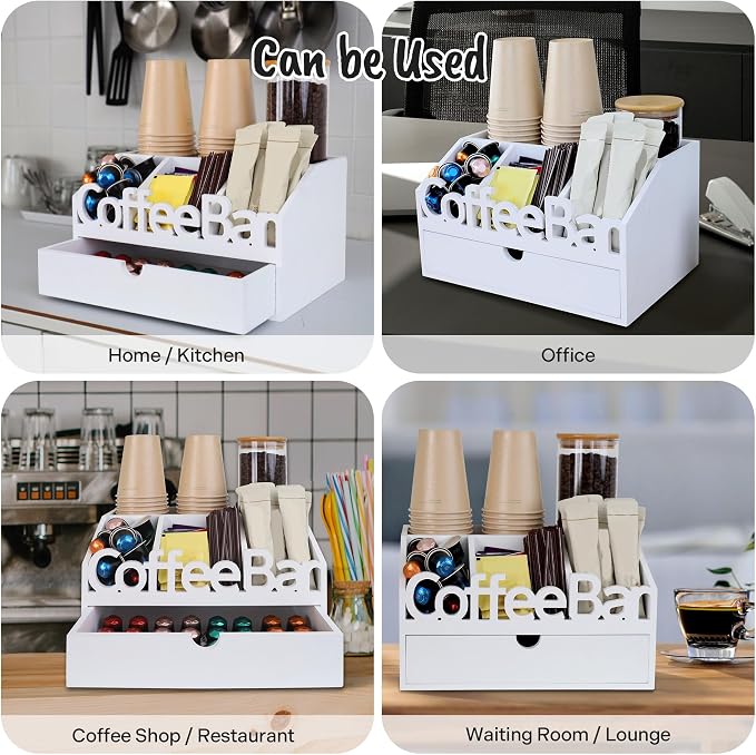 Coffee Bar Organizer Countertop,Wood Coffee Station with Drawer,Home&Office | K-Cups, Tea Bags, Sugar Packets & Creamers