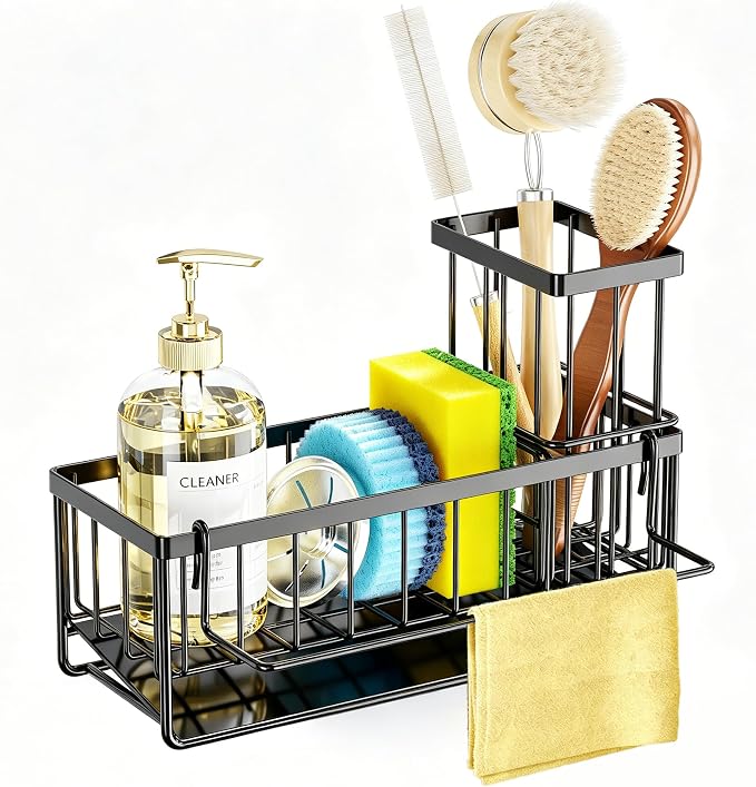 Slanted Sponge Holder for Kitchen Sink, Stainless Steel Sink Caddy Multi Sponge Holder, Small 9.65" × 3.74" × 6.3" Organizer for Apartment, Dorm, RV, Small Kitchen Countertop (Black)