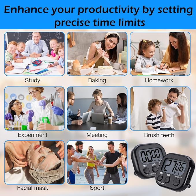 Leumoi 24 Pack Multi-Function Digital Timers with Magnetic Back, Large LCD Display, Loud Alarm, Count up & Countdown, Memory Function for Cooking, Classroom, Study, Exercise & Work(Black)