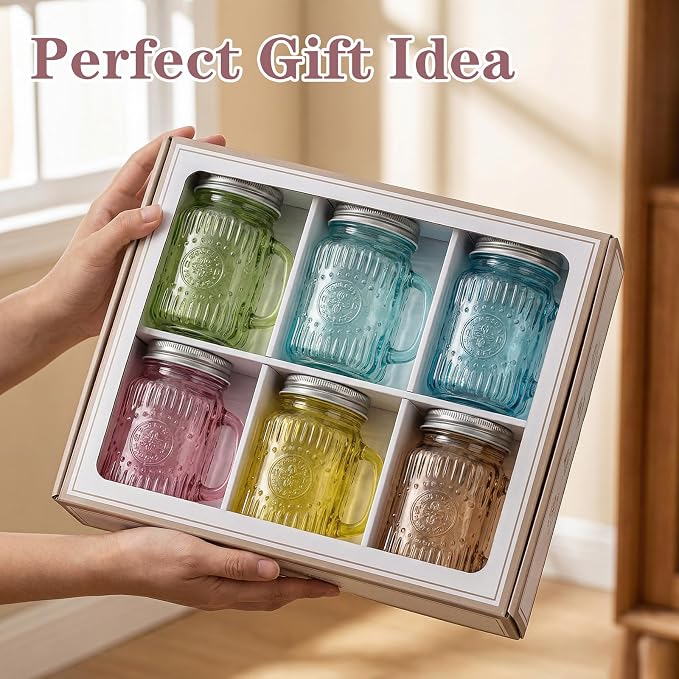 DaYammi 16 oz Mason Jars with Lids and Straws, 6 Pack Colorful Vintage Drinking Glasses, Leak Proof Iced Coffee Cups for Daily Use & Party
