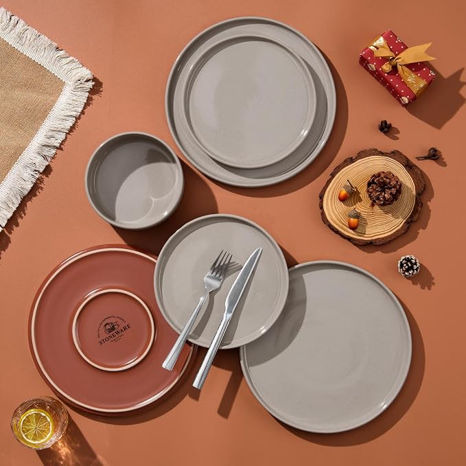 LIANYU Stoneware Dinnerware Set Service for 4, 12 PCS Plates and Bowls Sets | Handmade Ceramic Dish Set, Highly Chip and Crack Resistant Modern Plate Set, Terra Brown