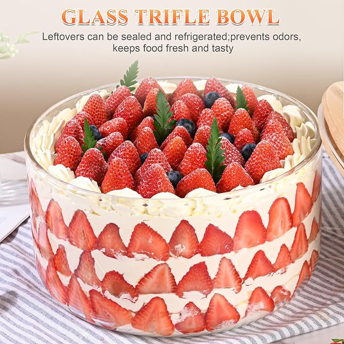 LOVYANXUE 155 oz Glass Trifle Bowl with Lid, 9 inch Large Salad Bowl, Versatile Mixing and Serving Dish for Fruit, salad, Cake, Cupcake, Baking, and Dessert, Airtight & Leakproof, Oven, Microwave Safe