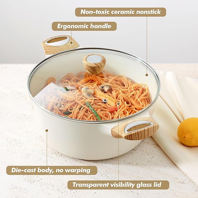 SENSARTE Ceramic Nonstick Stock Pot with Lid, 2.6+4.5 QT Soup Pot Set Casserole Pot, Non-toxic Healthy Pasta Pot, Large Cooking Pot Stew Pot, Induction Compatible, PFOA PFAS PTFE Free, White