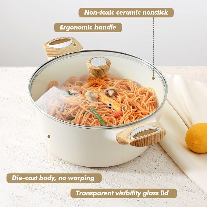 SENSARTE Ceramic Nonstick Stock Pot with Lid, 2.6/4.5/6.6/8.5/11 QT Soup Pot Casserole Pot, Non-toxic Healthy Pasta Pot, Large Cooking Pot Stew Pot, Induction Compatible, PFOA PFAS PTFE Free, White