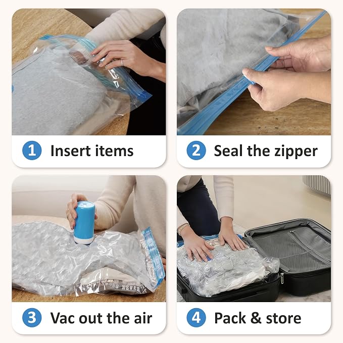 Cozy Essential Travel Vacuum Storage Bags with Rechargeable Cordless USB Pump, Space Saver Bags for Luggage, Suitcase, Carry-On, for Clothes, Blankets, Bedding & Seasonal Storage,10 Combo