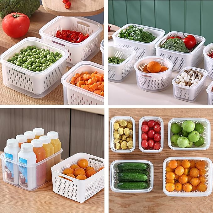 3Pack Fridge Food Storage Container Set with Lids with Strainer, Fruit Vegetable Storage Containers Keep Fruits, Vegetables, Berry, Meat Fresh longer, BPA-Free Plastic Produce Keepers