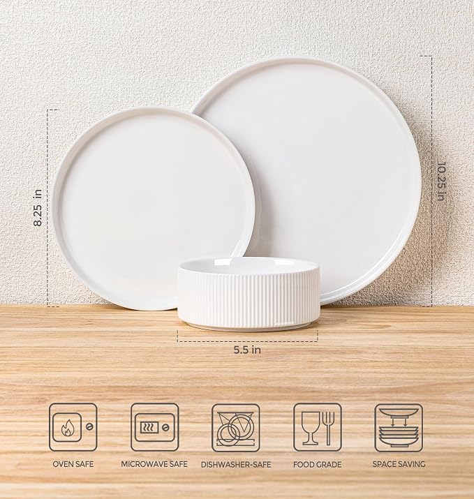 Ceramic Dinnerware Set for 8, 24-Piece Plates and Bowls Set | Lightweight Porcelain Dish Set, Scratch Resistant, Oven & Microwave & Dishwasher Safe, Bright White