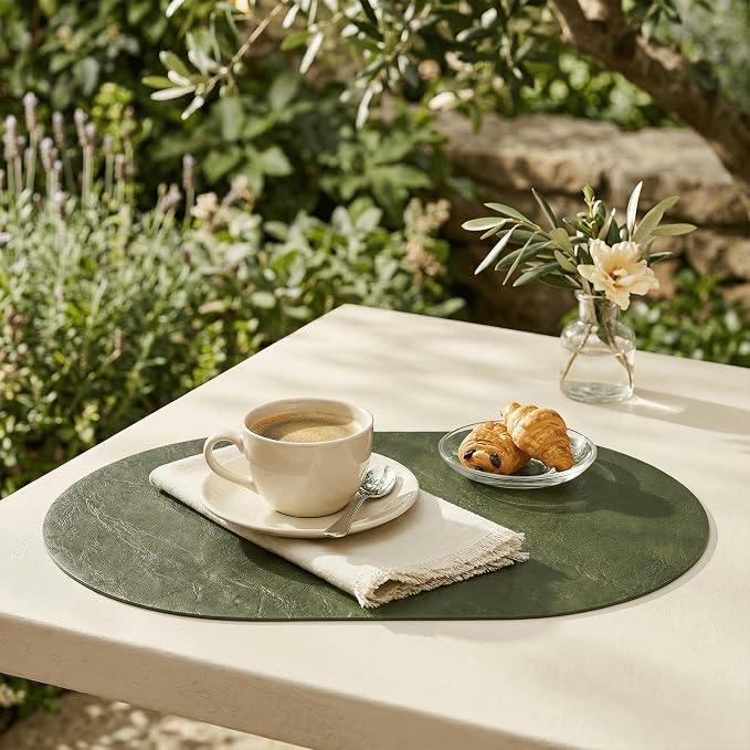 Artoid Mode Olive Green Faux Leather Oval Placemats Set of 4, 12 x 18 Inch Waterproof Wipeable Heat Resistant Vinyl Place Mats, Reversible Table Mats for Kitchen Dining Decor