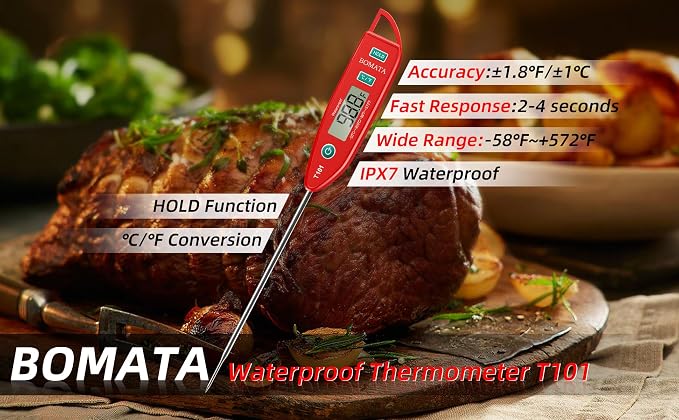 BOMATA Digital Water Thermometer for Liquid, Meat, Cooking, IPX7 Waterproof | Instant Read Food Thermometer, 5in Long Probe for Candle, Water, Meat, BBQ! T101 (Red Color)…