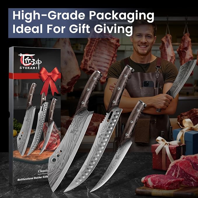 Butcher Knife Set, Cleaver, Breaking & Boning Knife for Meat & BBQ | Japanese Style High Carbon Steel Kitchen Knives Set for Brisket Slicing, Wenge Wood Full Tang Ergonomic Handle, Ideal Gift