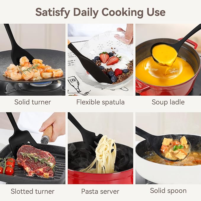 NCUE 6-Pcs Silicone Kitchen Utensils Set Wood Handle BPA-Free Food Grade (Black, 6 Piece)