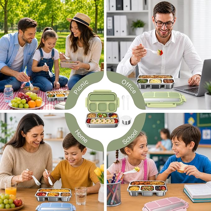 Stainless Steel Bento Box Adult Kids, Leakproof Metal Lunch Box Containers 4 Compartments, 32 Oz Reusable Food Storage Containers for Office and School, Green
