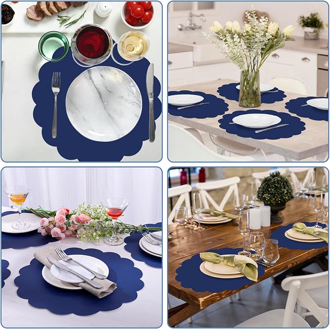 60 Pcs Navy Blue Paper Placemats, 13.5 Inch Disposable Scalloped Place Mat | Round Table Place Mats Decorative Paper for Fathers Day Birthday Wedding Banquet Holiday