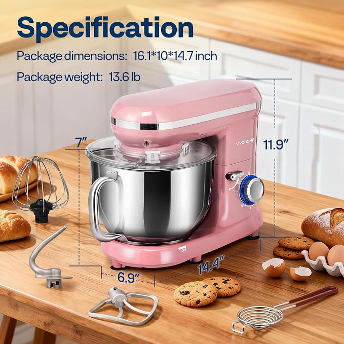 VIVOHOME Stand Mixer, 6-Quart Tilt-Head Kitchen Mixer with Bowl, Pink | 10 Speeds, Dough Hook, Beater, Whisk, Splash Guard, Egg Separator, for Cake & Bread