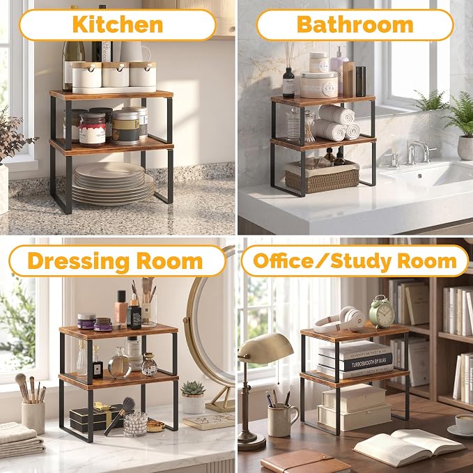 Kitchen Cabinet Organizer Shelf, Set of 4 Wood Kitchen Counter Shelves Riser with Metal Legs, Stackable Expandable Kitchen Storage Spice Rack, Can Cup Dish Organizer, Rustic Brown