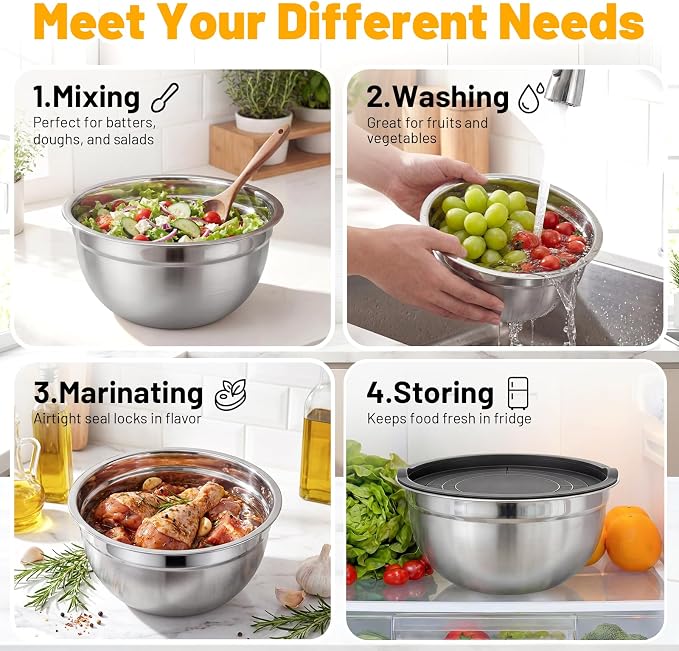 Beasea Stainless Mixing Bowls with Lids, 5 Pack 2 QT Stackable Stainless Steel Mixing Bowls with Black Lids for Salad, Serving, Food Storing, Baking Bowl Set for Cream Cake Prepping
