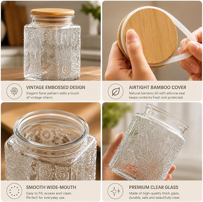 Glass Storage Jars With Airtight Lid, 35oz Canister For Kitchen Counter with Bamboo Lid, brown sugar, candy, coffee, cookie, salt, tea,pantry cute Jar (Large Square Sunflower)